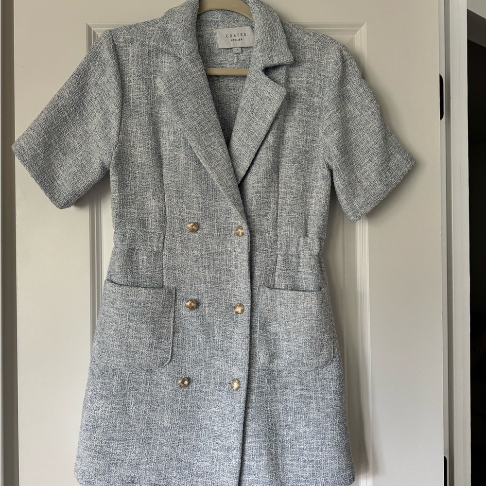 Costes Light Gray Tweed Short-Sleeve Double-Breasted Blazer Dress